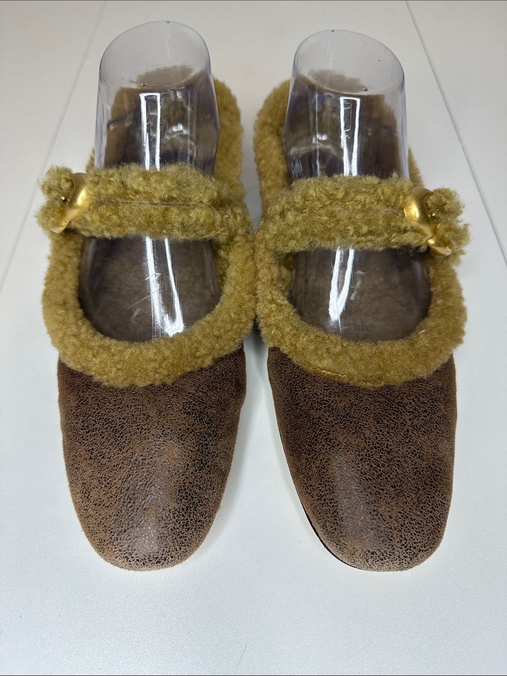 Larroude Verona Ballet Flats Brown Shearling Mary Jane Buckle Square Toe 8.5